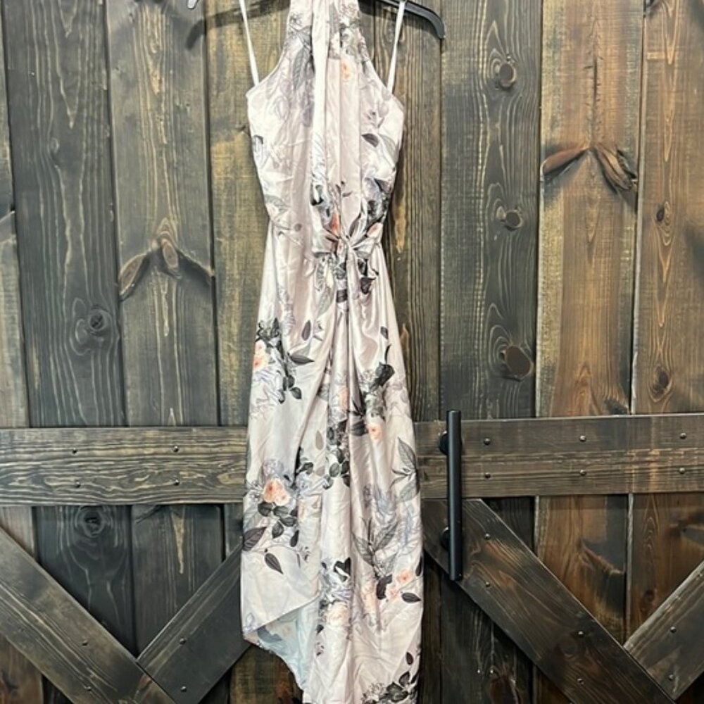 Halter Dress Grey Silver Floral Satin Maxi Midi Open Back Tie
